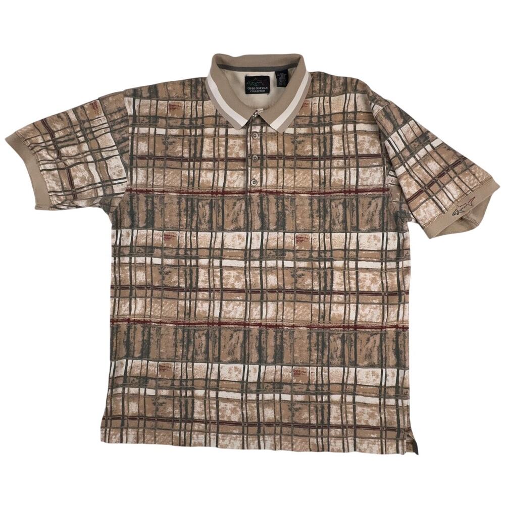 Vintage Greg Norman Polo Shirt Mens Large Tan Abstract Plaid Cotton Shark Golf